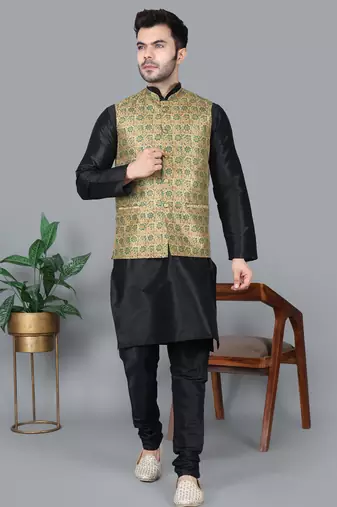 Men’s black kurta churidar with blue flower waistcoat (rg-19554-36)