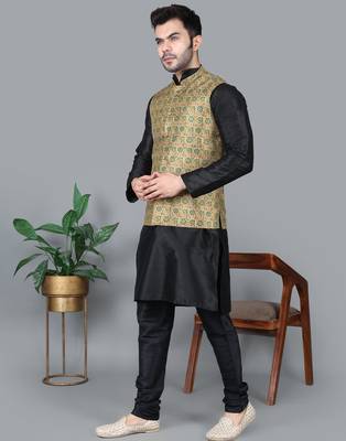 Men   s black kurta churidar with blue flower waistcoat (rg-19554-36) 2