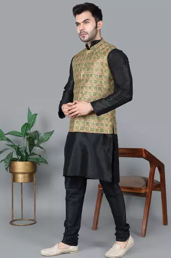 Men   s black kurta churidar with blue flower waistcoat (rg-19554-36)