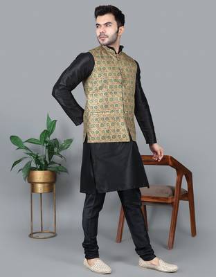 Men   s black kurta churidar with blue flower waistcoat (rg-19554-36) 3