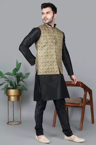 Men   s black kurta churidar with blue flower waistcoat (rg-19554-36)