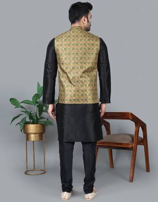 Men   s black kurta churidar with blue flower waistcoat (rg-19554-36) 5