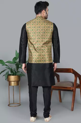 Men   s black kurta churidar with blue flower waistcoat (rg-19554-36)