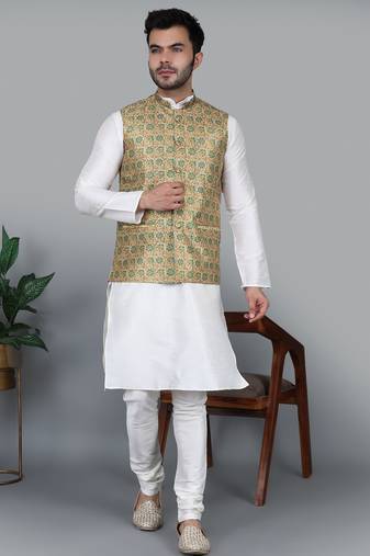Men’s cream kurta churidar with blue flower waistcoat (rg-19555-36)