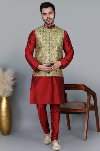 Men’s maroonkurta churidar with blue flower waistcoat (rg-19556-36)