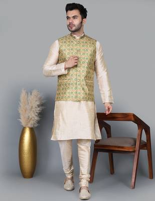 Men   s double tone kurta churidar with blue flower waistcoat (rg-19557-36) 1