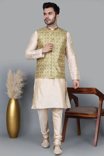 Men’s double tone kurta churidar with blue flower waistcoat (rg-19557-36)