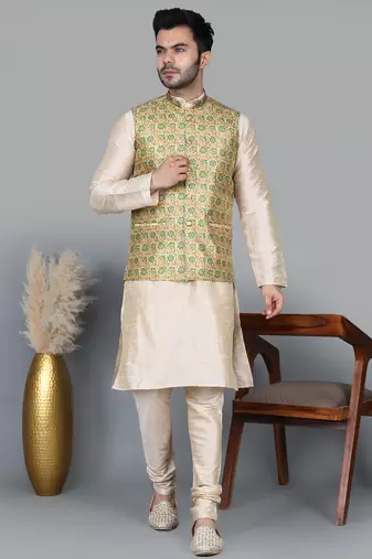 Men’s double tone kurta churidar with blue flower waistcoat (rg-19557-36)