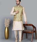 Men   s double tone kurta churidar with blue flower waistcoat (rg-19557-36)