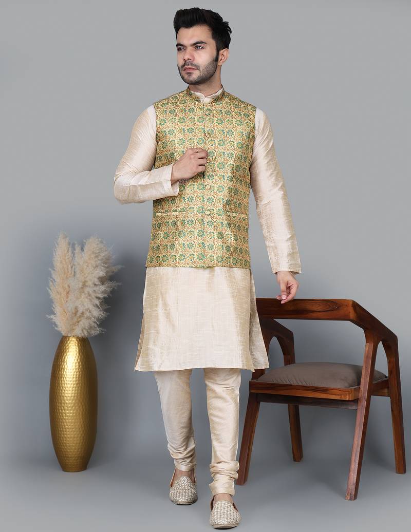 Men’s double tone kurta churidar with blue flower waistcoat (rg-19557-36)