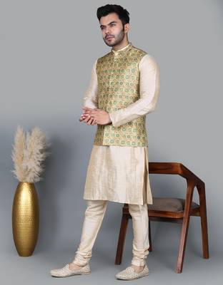 Men   s double tone kurta churidar with blue flower waistcoat (rg-19557-36) 2