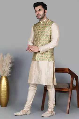 Men   s double tone kurta churidar with blue flower waistcoat (rg-19557-36)