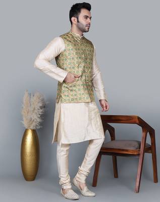 Men   s double tone kurta churidar with blue flower waistcoat (rg-19557-36) 3