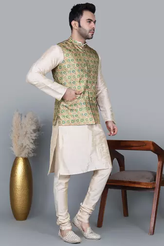 Men   s double tone kurta churidar with blue flower waistcoat (rg-19557-36)