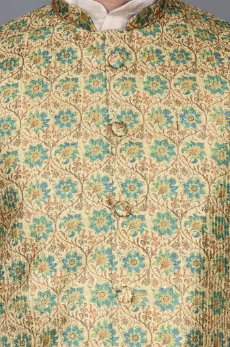Men   s double tone kurta churidar with blue flower waistcoat (rg-19557-36)