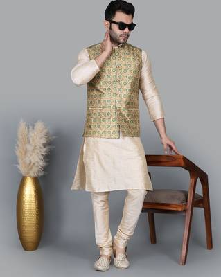 Men   s double tone kurta churidar with blue flower waistcoat (rg-19557-36) 5