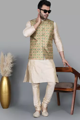 Men   s double tone kurta churidar with blue flower waistcoat (rg-19557-36)