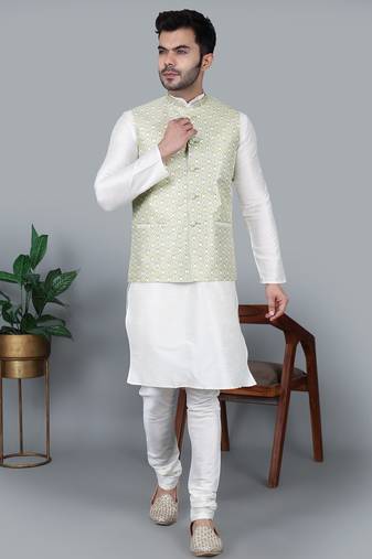 Men’s cream kurta churidar with yallow printed waistcoat (rg-19558-36)