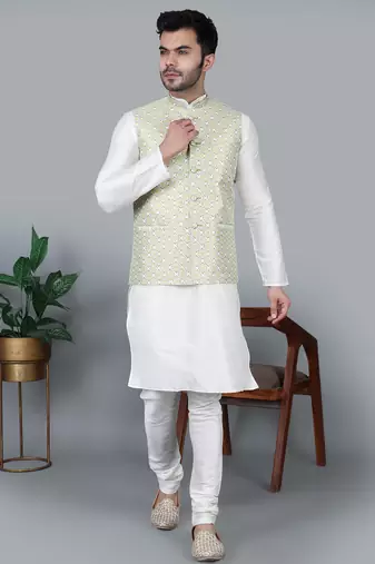 Men’s cream kurta churidar with yallow printed waistcoat (rg-19558-36)