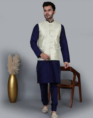 Men   s navy blue kurta churidar with yallow printed waistcoat (rg-19559-36) 1
