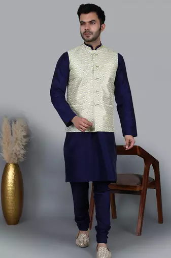 Men’s navy blue kurta churidar with yallow printed waistcoat (rg-19559-36)