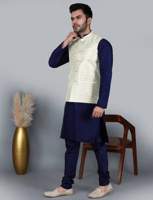 Men   s navy blue kurta churidar with yallow printed waistcoat (rg-19559-36) 2