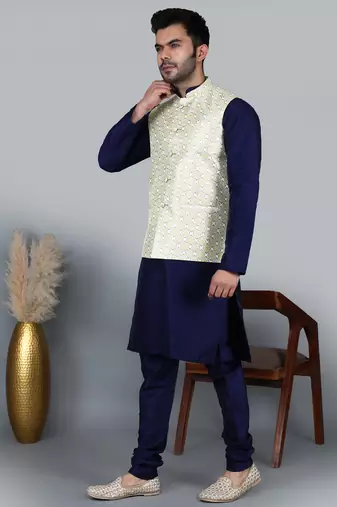 Men   s navy blue kurta churidar with yallow printed waistcoat (rg-19559-36)