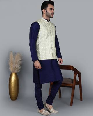 Men   s navy blue kurta churidar with yallow printed waistcoat (rg-19559-36) 3