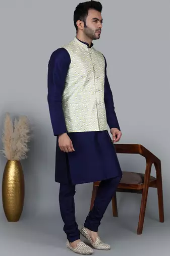 Men   s navy blue kurta churidar with yallow printed waistcoat (rg-19559-36)