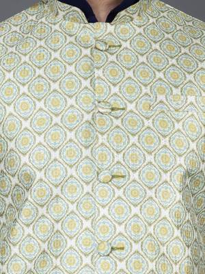 Men   s navy blue kurta churidar with yallow printed waistcoat (rg-19559-36) 4