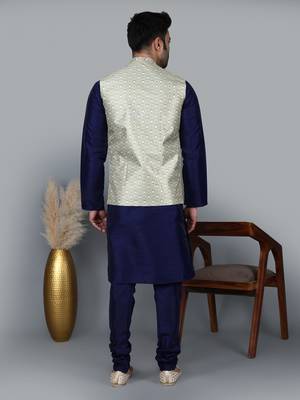 Men   s navy blue kurta churidar with yallow printed waistcoat (rg-19559-36) 5