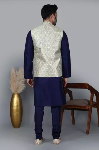 Men   s navy blue kurta churidar with yallow printed waistcoat (rg-19559-36)