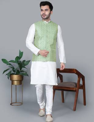 Men   s cream kurta churidar with green zig-zag waistcoat (rg-19560-36) 1
