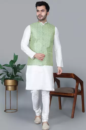 Men’s cream kurta churidar with green zig-zag waistcoat (rg-19560-36)