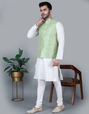 Men   s cream kurta churidar with green zig-zag waistcoat (rg-19560-36) 2