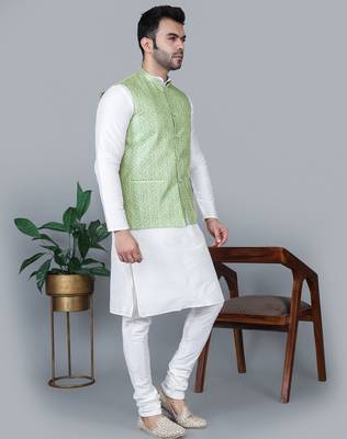Men   s cream kurta churidar with green zig-zag waistcoat (rg-19560-36) 3