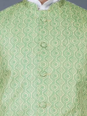 Men   s cream kurta churidar with green zig-zag waistcoat (rg-19560-36) 4