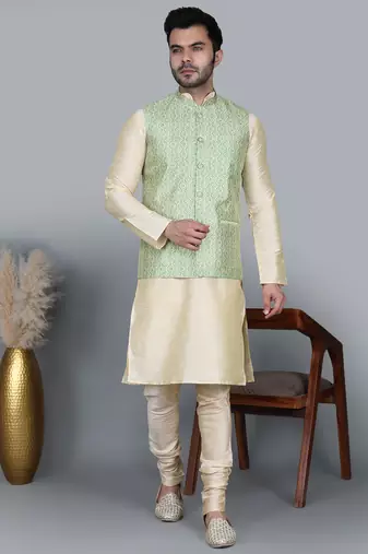 Men’s gold kurta churidar with green zig-zag waistcoat (rg-19561-36)