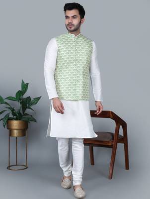 Men   s cream kurta churidar with green feather printed waistcoat (rg-19562-36) 1