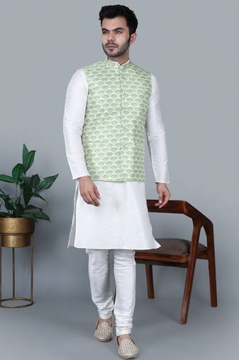 Men’s cream kurta churidar with green feather printed waistcoat (rg-19562-36)