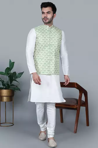 Men’s cream kurta churidar with green feather printed waistcoat (rg-19562-36)