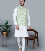 Men’s cream kurta churidar with green feather printed waistcoat (rg-19562-36)