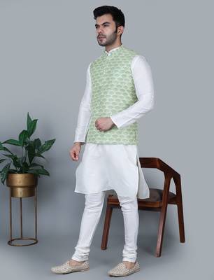 Men   s cream kurta churidar with green feather printed waistcoat (rg-19562-36) 2
