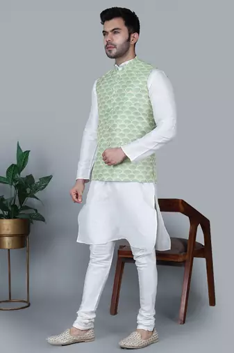 Men   s cream kurta churidar with green feather printed waistcoat (rg-19562-36)