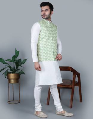 Men   s cream kurta churidar with green feather printed waistcoat (rg-19562-36) 3