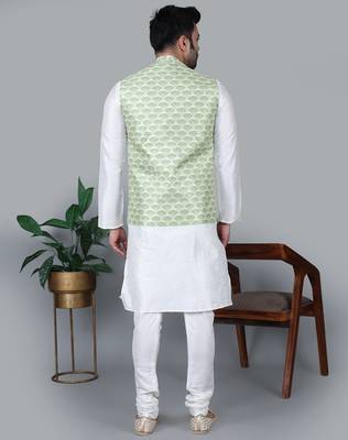 Men   s cream kurta churidar with green feather printed waistcoat (rg-19562-36) 5