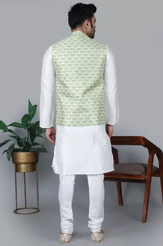 Men   s cream kurta churidar with green feather printed waistcoat (rg-19562-36)