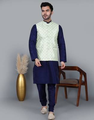 Men   s navy blue kurta churidar with green feather printed waistcoat (rg-19563-36) 1