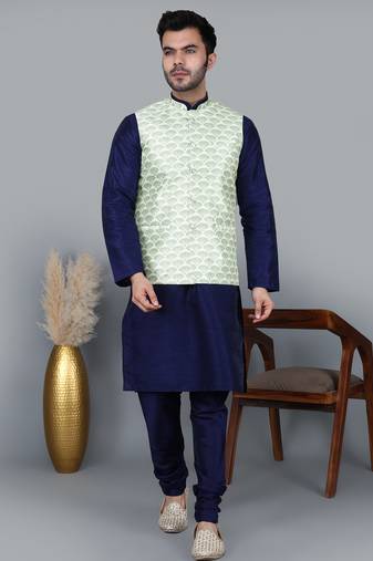 Men’s navy blue kurta churidar with green feather printed waistcoat (rg-19563-36)