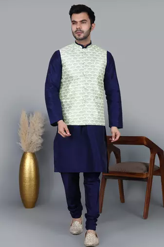 Men’s navy blue kurta churidar with green feather printed waistcoat (rg-19563-36)